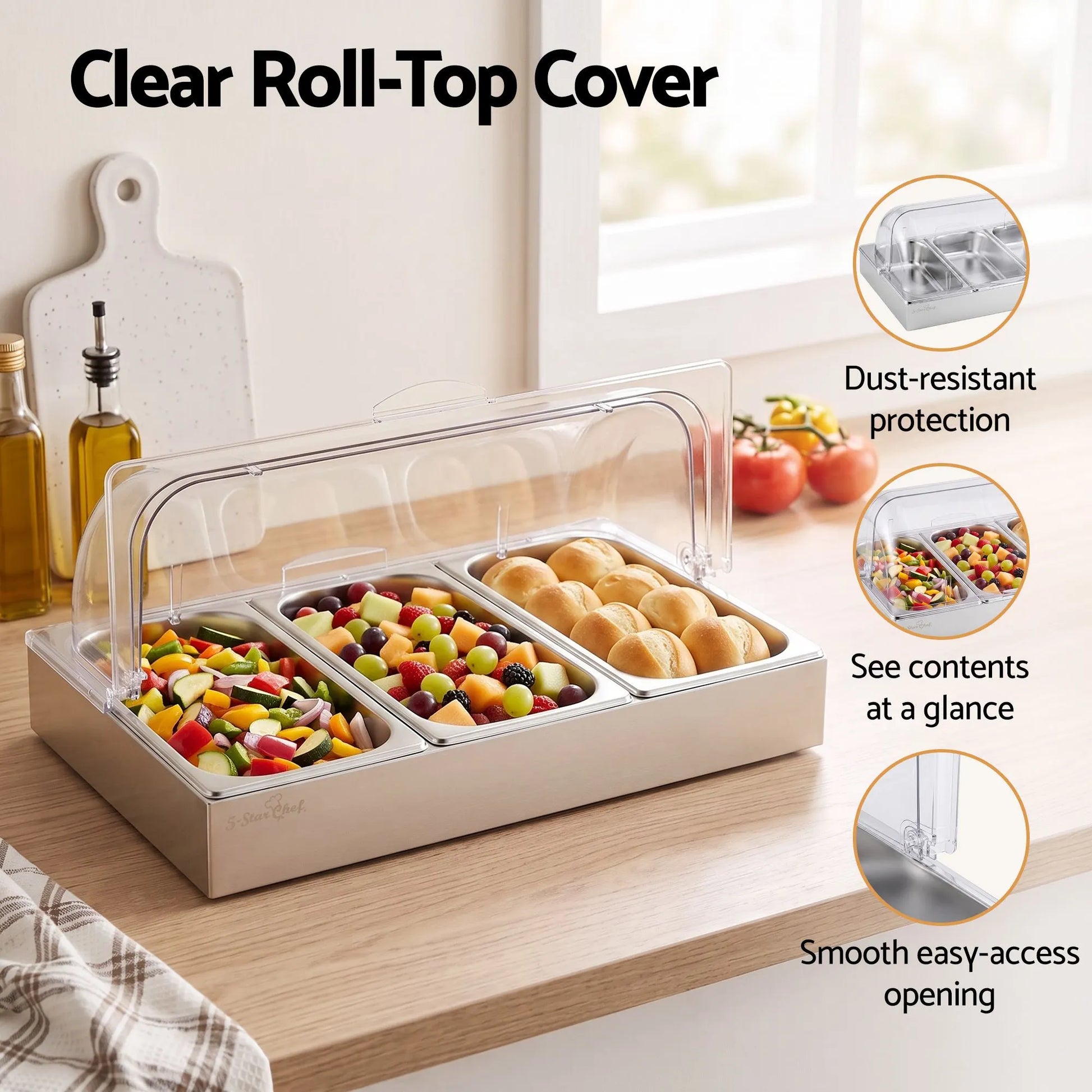 5-Star Chef 3 Pan Food Serving Display Stainless Steel with Clear Roll Top Cover - Image 5