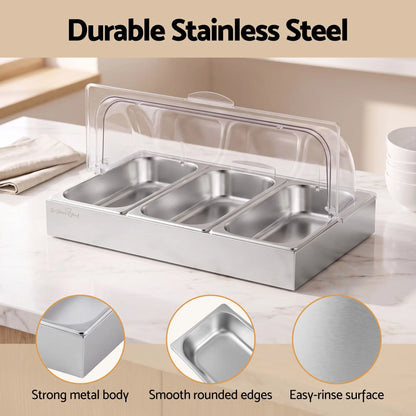 5-Star Chef 3 Pan Food Serving Display Stainless Steel with Clear Roll Top Cover - Image 6