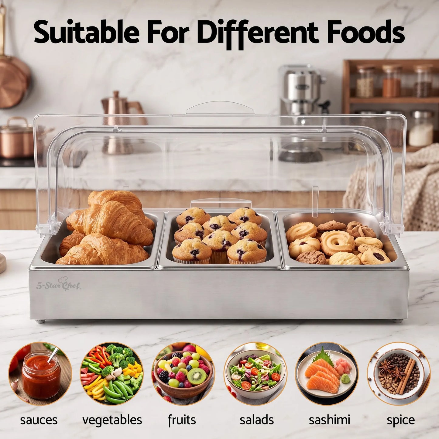 5-Star Chef 3 Pan Food Serving Display Stainless Steel with Clear Roll Top Cover - Image 7