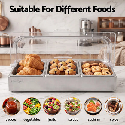 5-Star Chef 3 Pan Food Serving Display Stainless Steel with Clear Roll Top Cover - Image 7