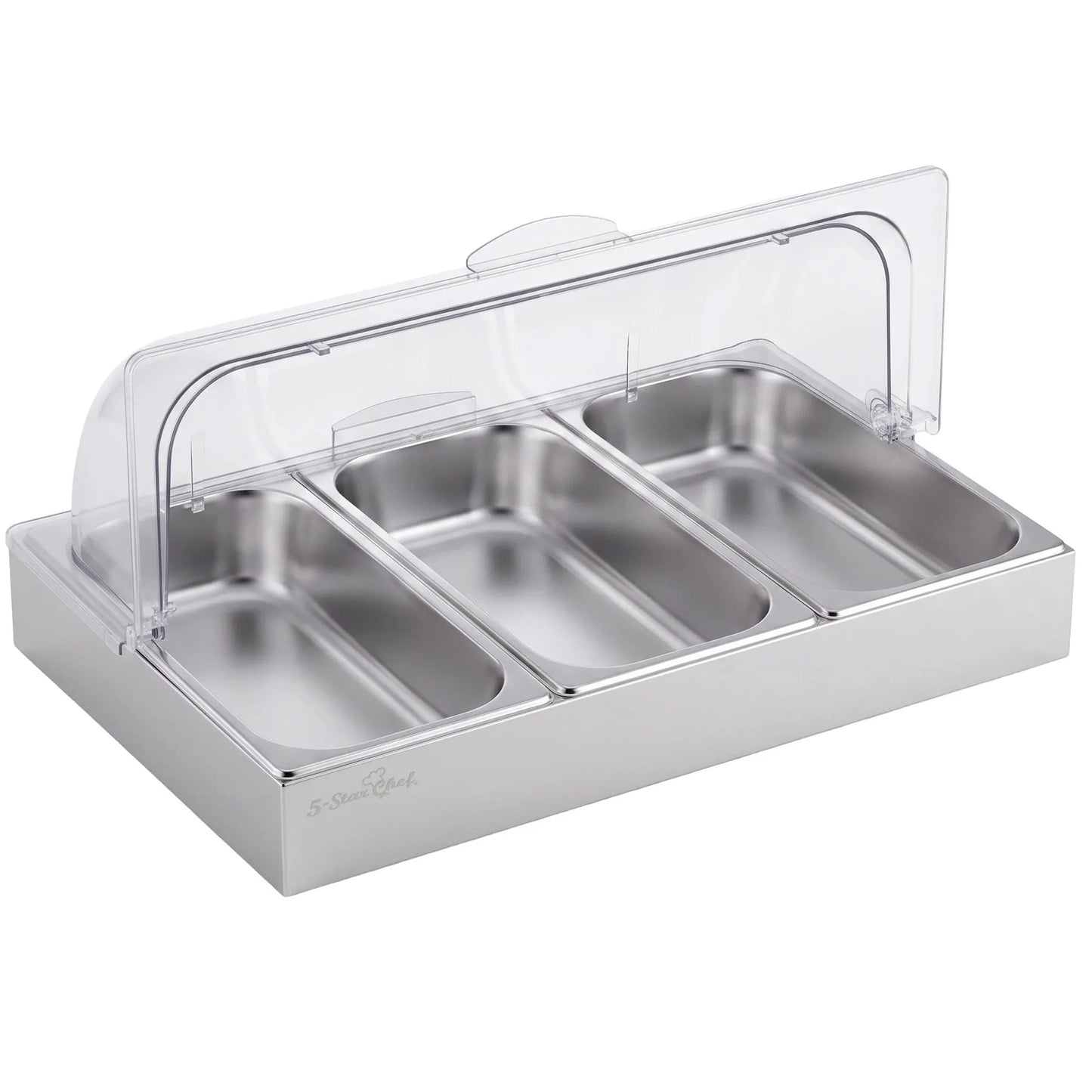 5-Star Chef 3 Pan Food Serving Display Stainless Steel with Clear Roll Top Cover - Image 9