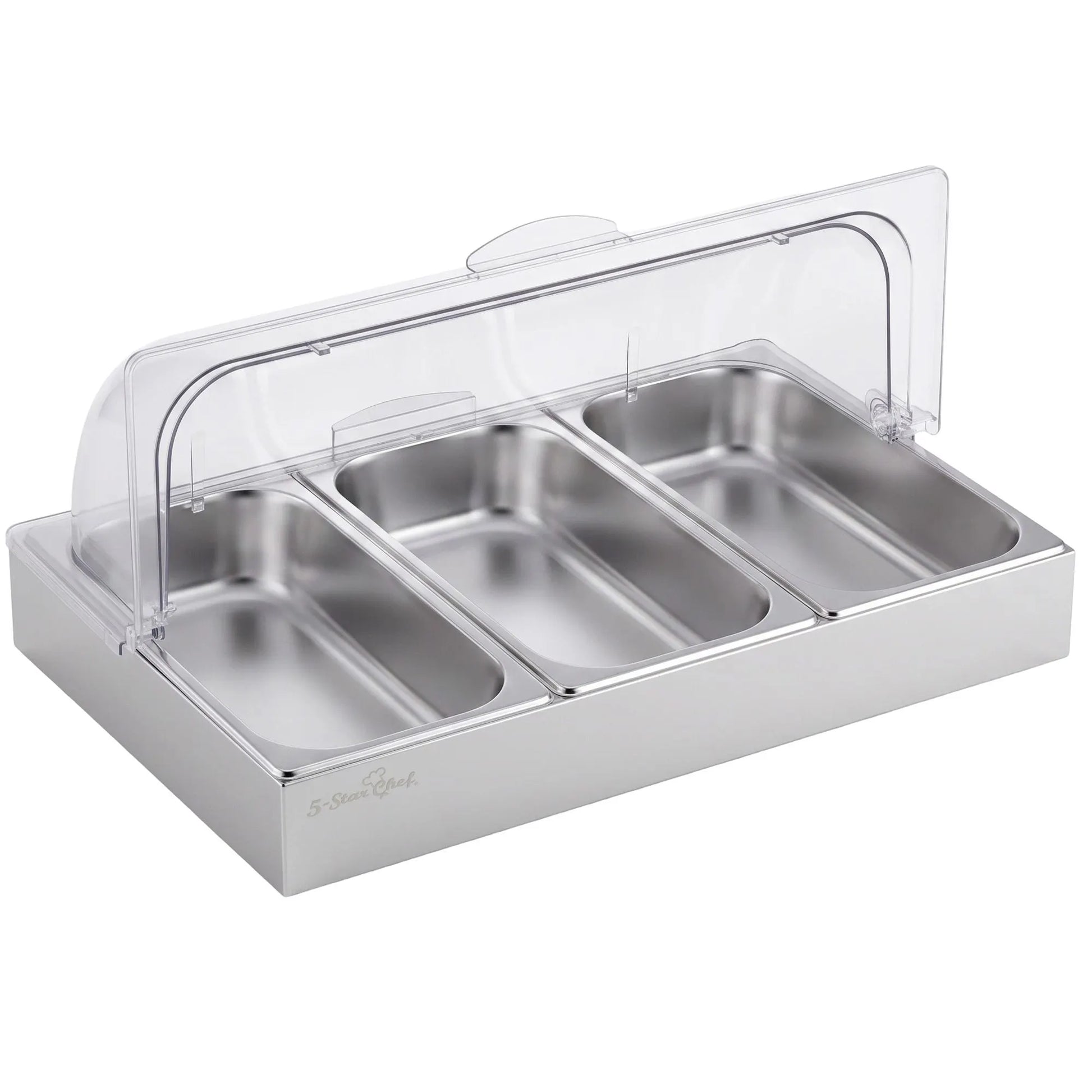 5-Star Chef 3 Pan Food Serving Display Stainless Steel with Clear Roll Top Cover - Image 9