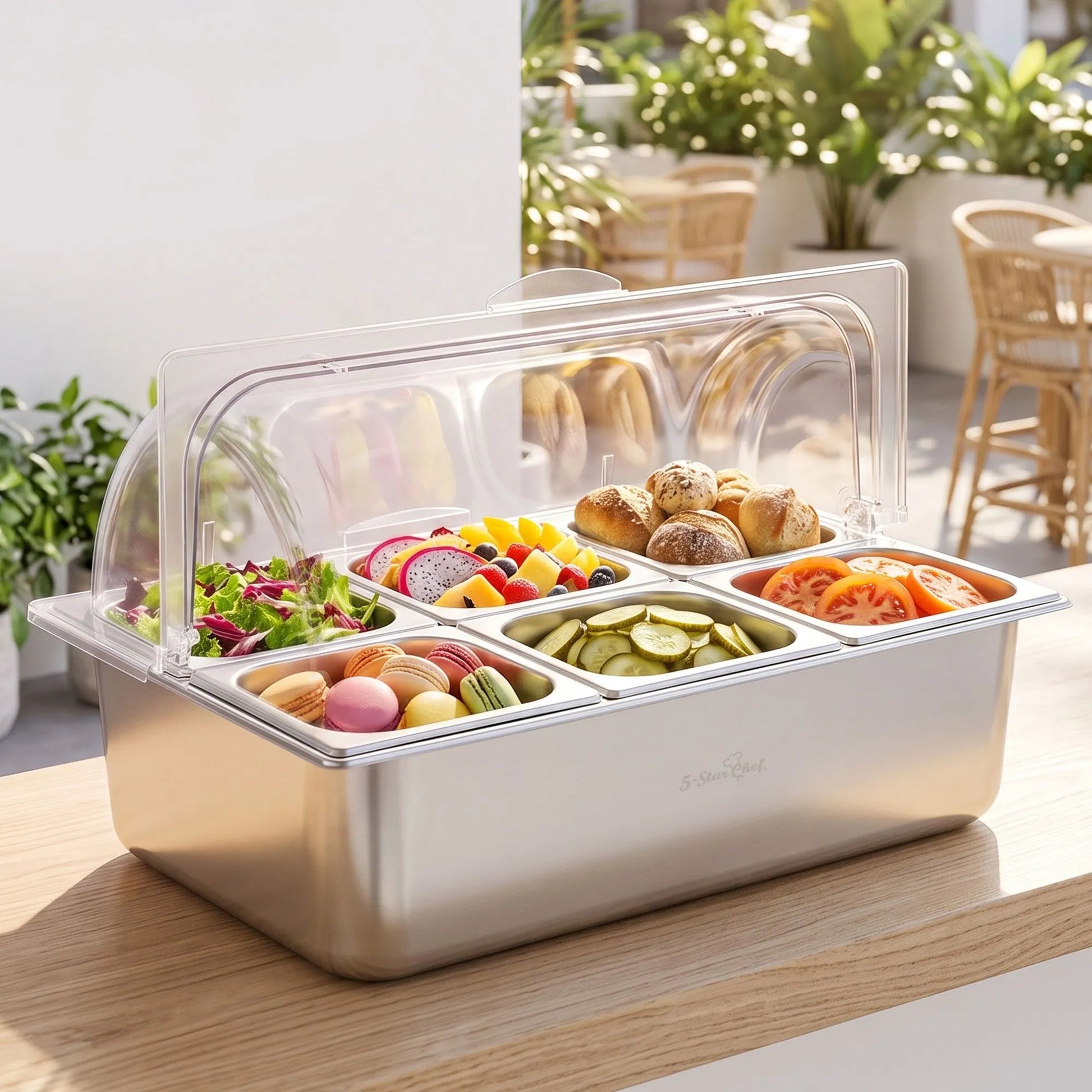 5-Star Chef 6 Pan Food Serving Display Stainless Steel Cooler Platter with Clear Roll Top Cover