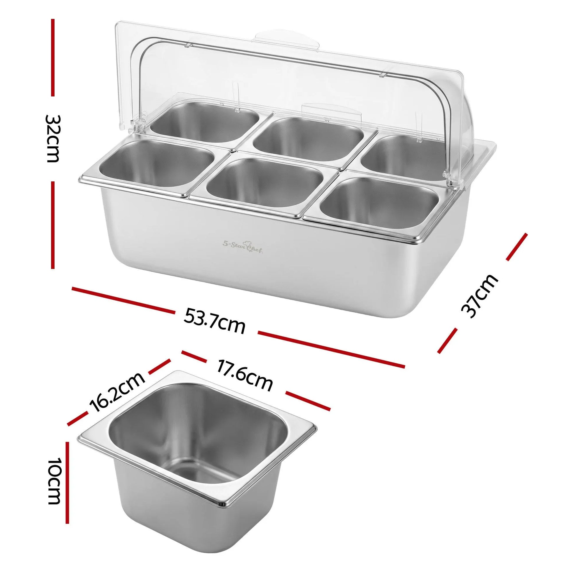 5-Star Chef 6 Pan Food Serving Display Stainless Steel Cooler Platter with Clear Roll Top Cover - Image 2