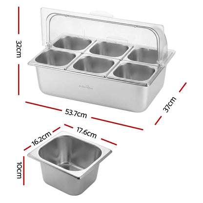 5-Star Chef 6 Pan Food Serving Display Stainless Steel Cooler Platter with Clear Roll Top Cover - Image 2