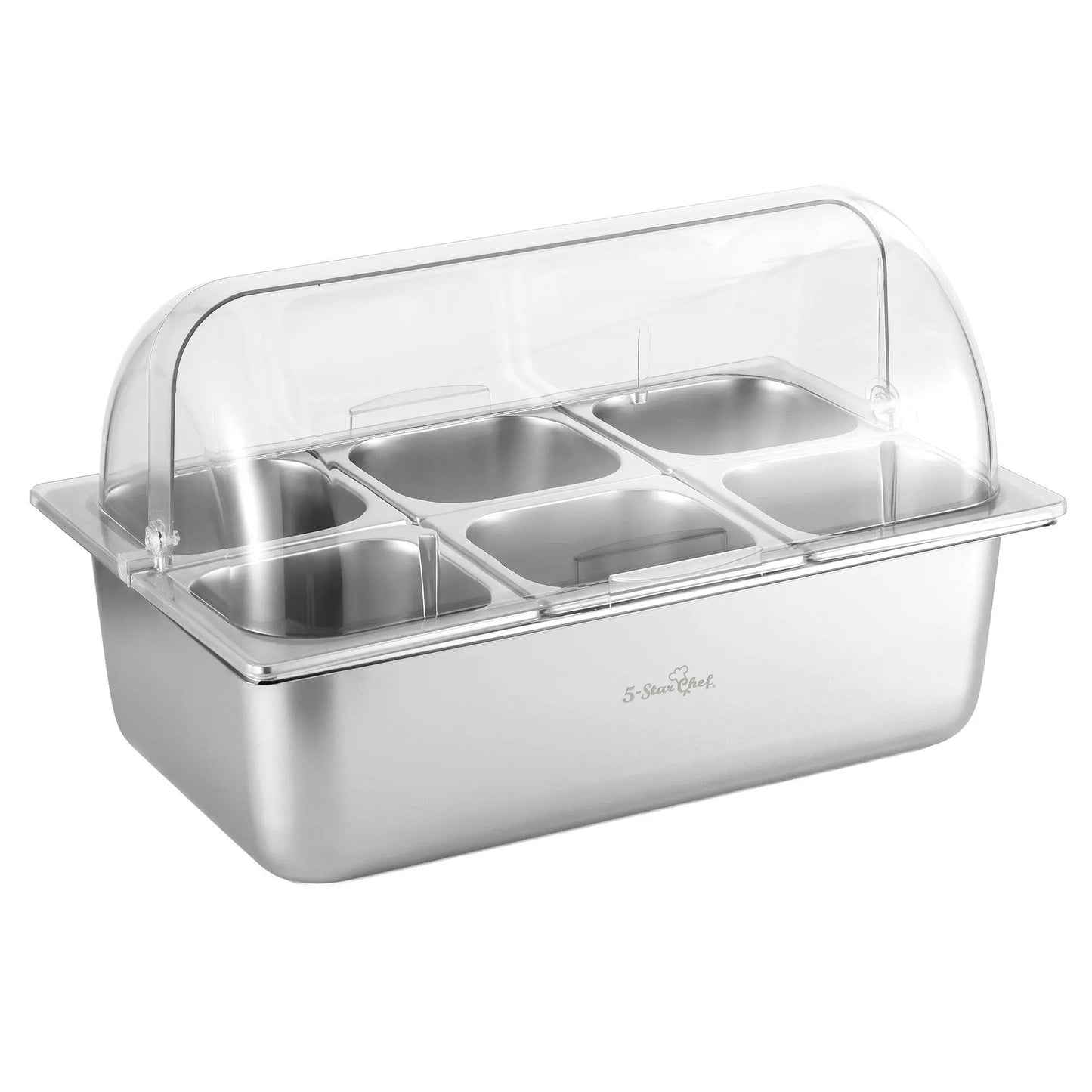 5-Star Chef 6 Pan Food Serving Display Stainless Steel Cooler Platter with Clear Roll Top Cover - Image 3