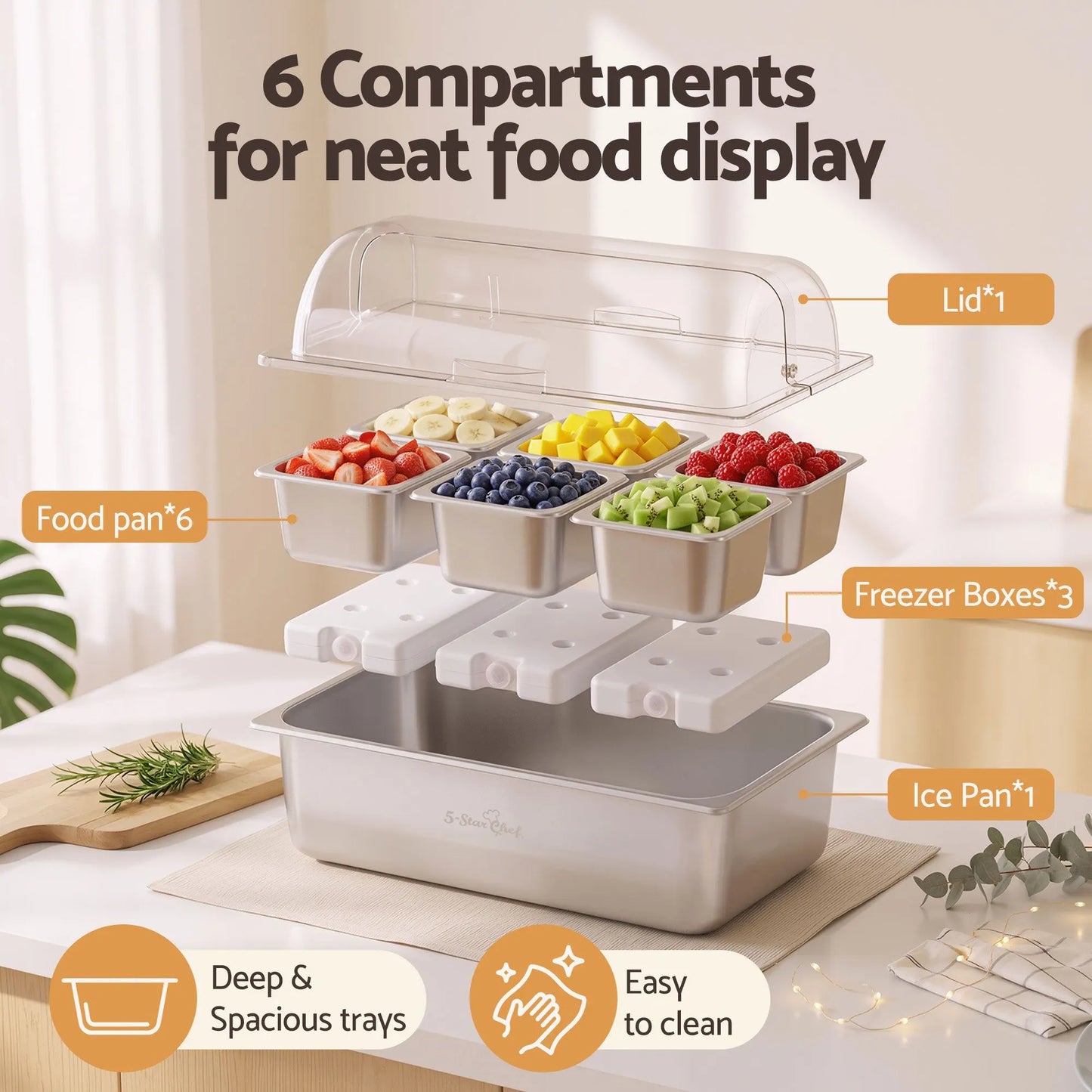 5-Star Chef 6 Pan Food Serving Display Stainless Steel Cooler Platter with Clear Roll Top Cover - Image 4
