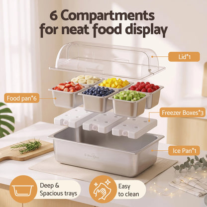 5-Star Chef 6 Pan Food Serving Display Stainless Steel Cooler Platter with Clear Roll Top Cover - Image 4