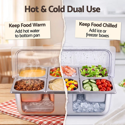 5-Star Chef 6 Pan Food Serving Display Stainless Steel Cooler Platter with Clear Roll Top Cover - Image 5