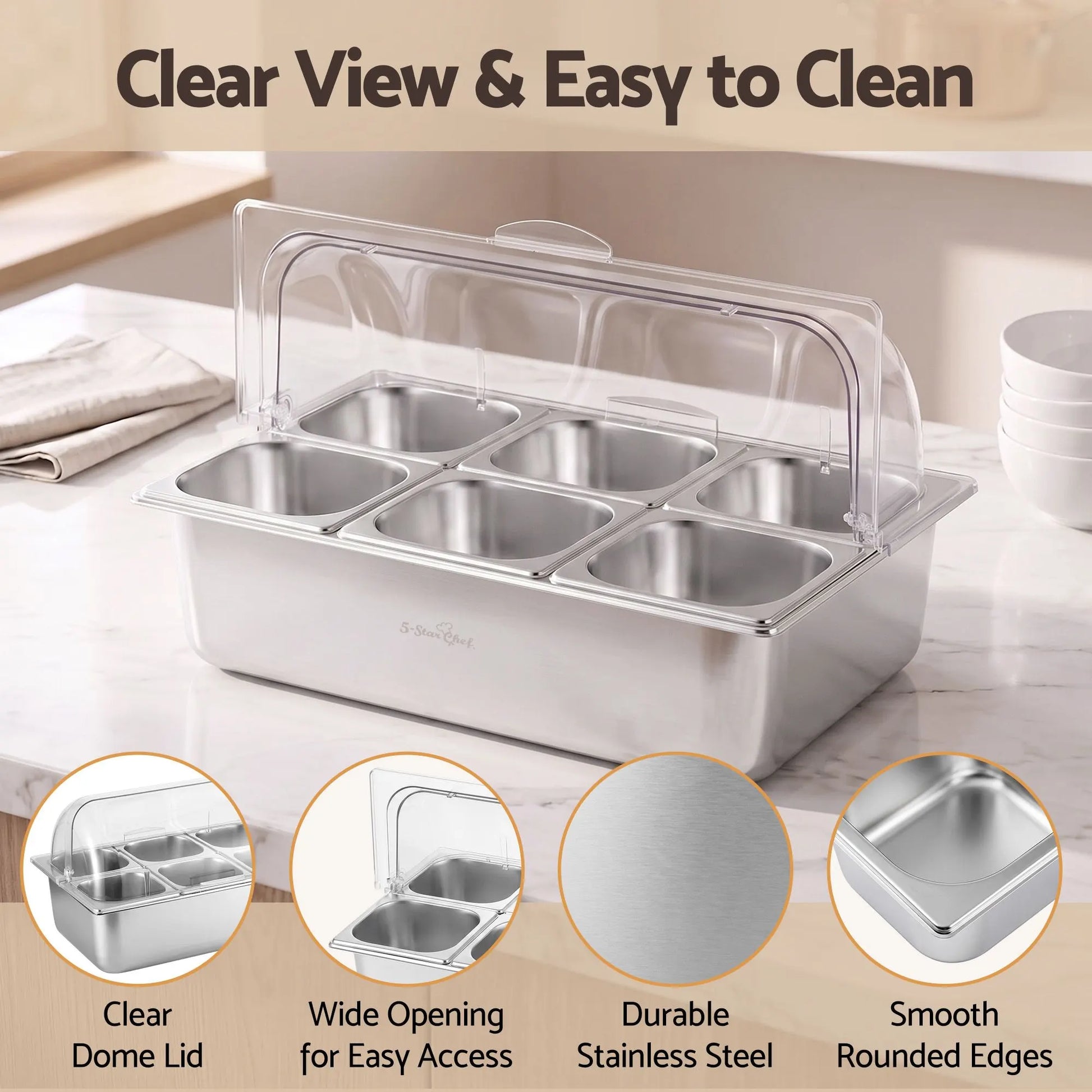 5-Star Chef 6 Pan Food Serving Display Stainless Steel Cooler Platter with Clear Roll Top Cover - Image 6