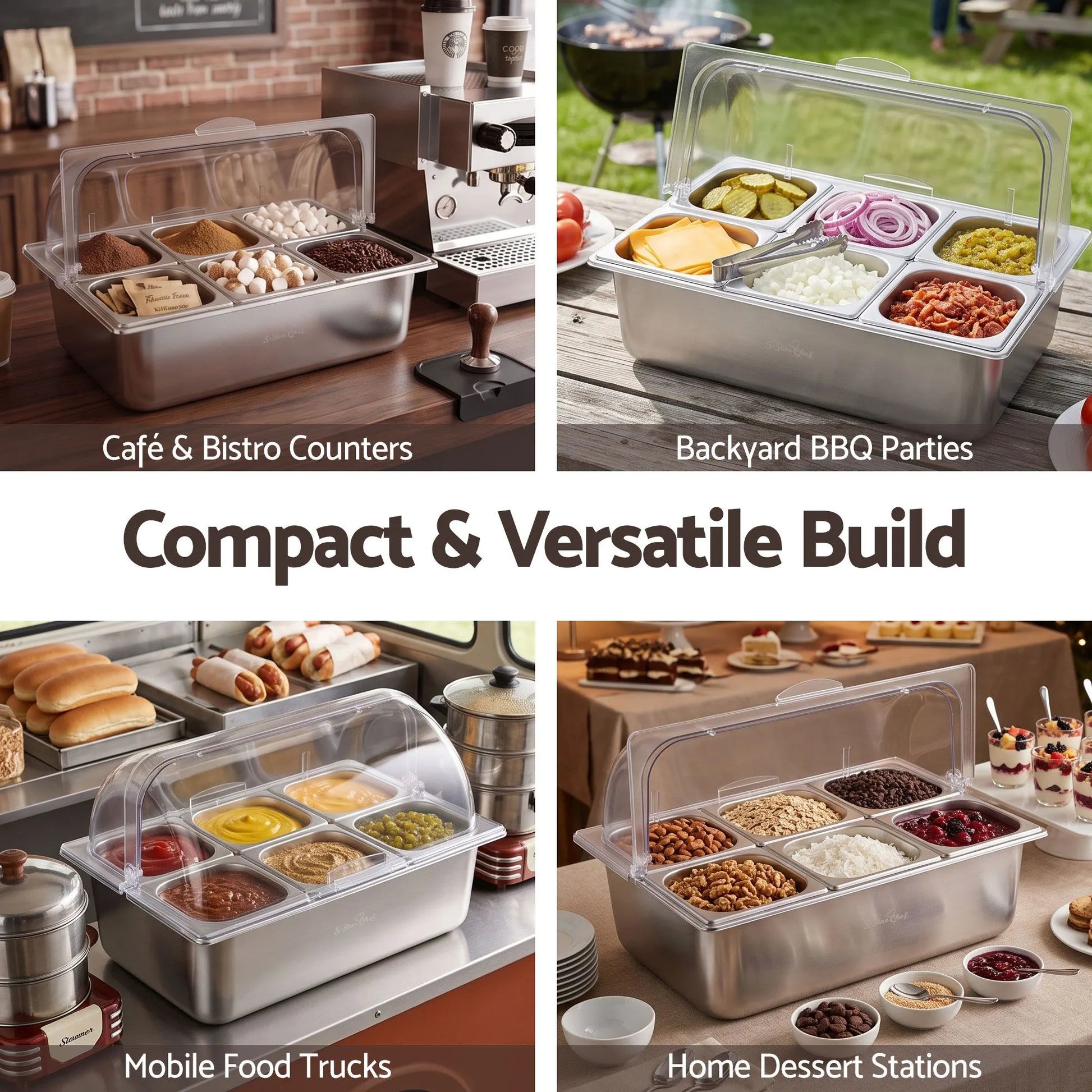 5-Star Chef 6 Pan Food Serving Display Stainless Steel Cooler Platter with Clear Roll Top Cover - Image 8