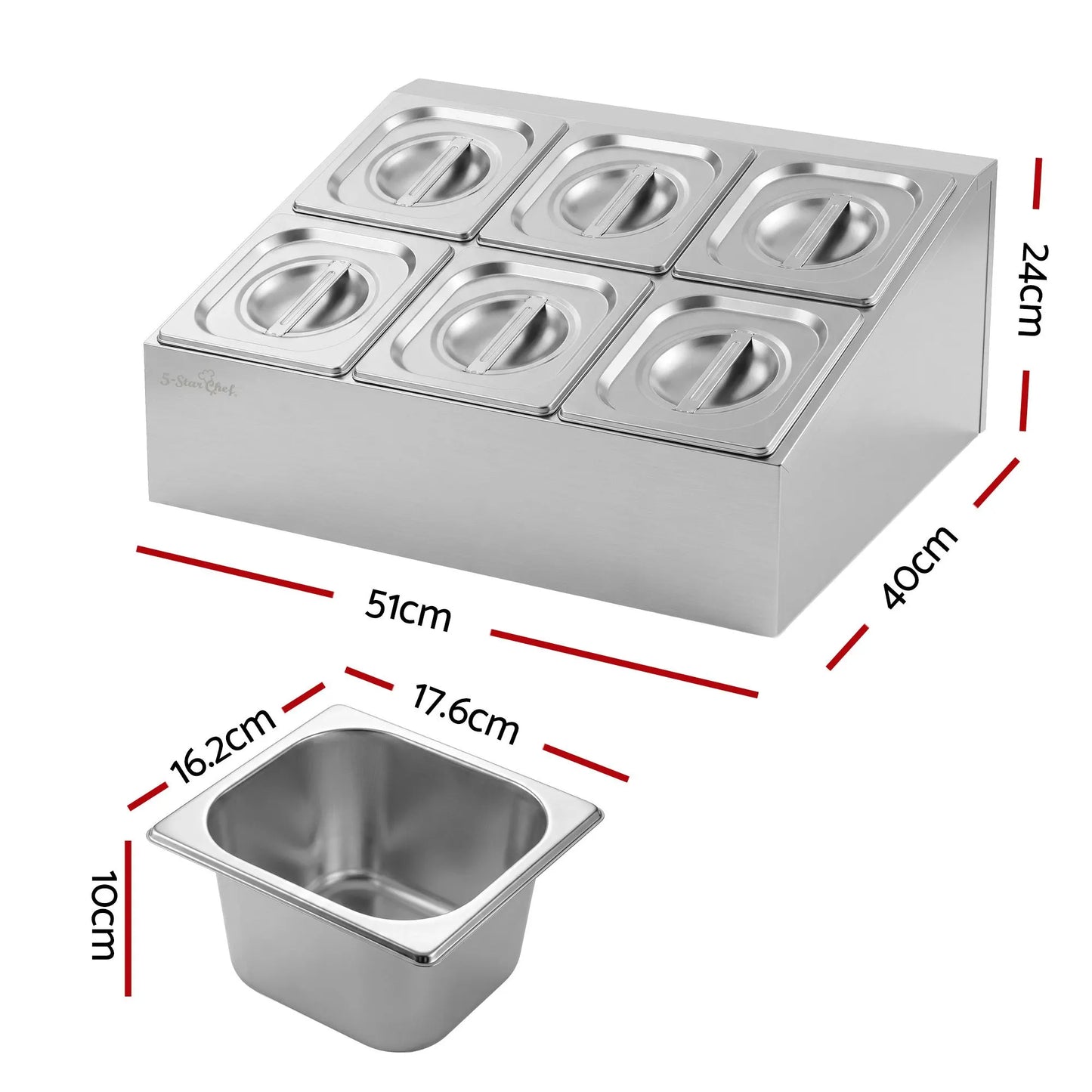 5-Star Chef 6 Pan Food Serving Display Container Stainless Steel Food Container Lids - Image 2