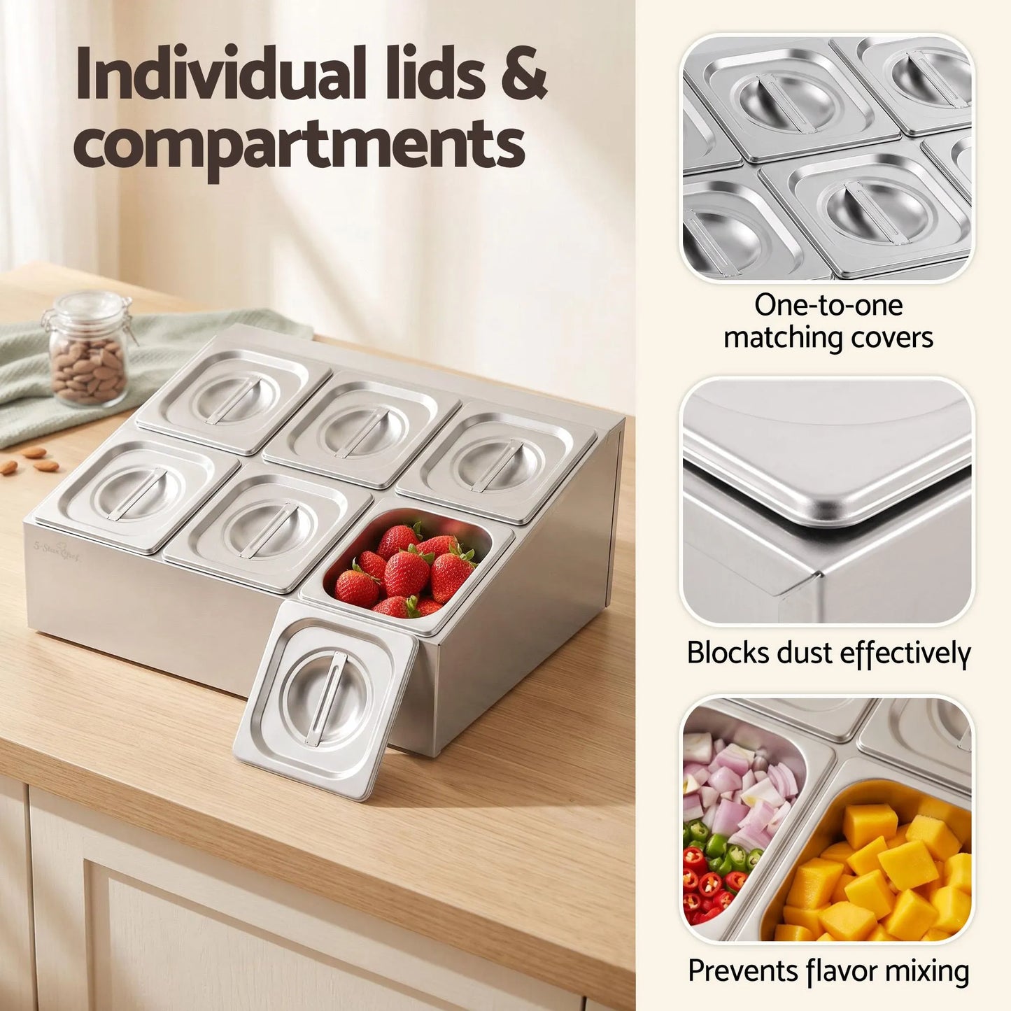 5-Star Chef 6 Pan Food Serving Display Container Stainless Steel Food Container Lids - Image 5