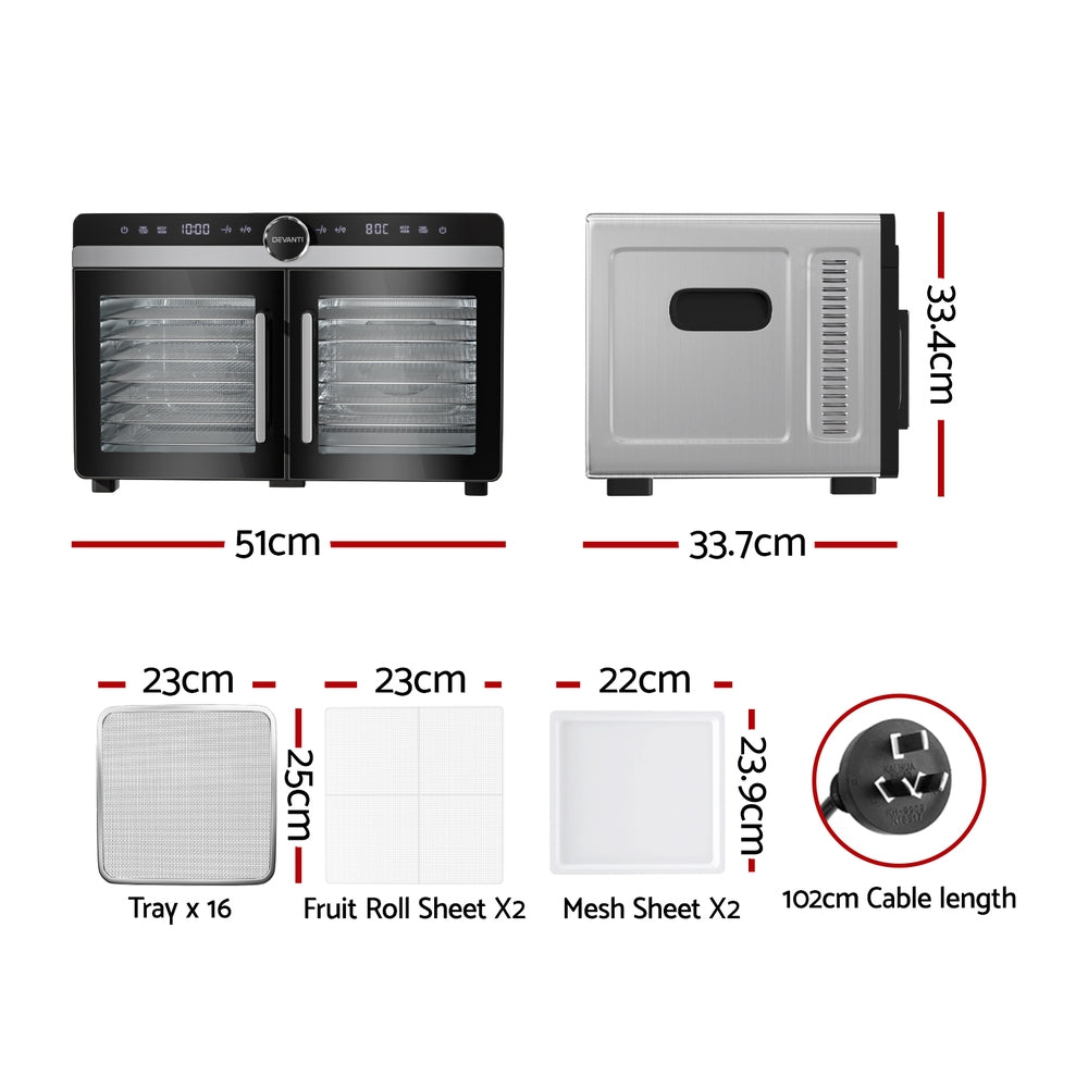 Devanti 16 Trays Food Dehydrator Dual-Zone Stainless Steel - Image 2
