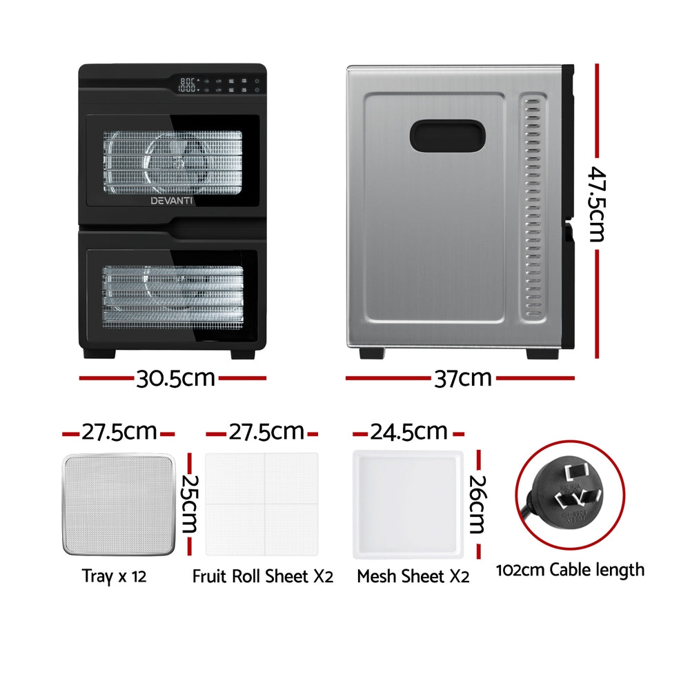 Devanti 12 Trays Food Dehydrator Dual-Zone Stainless Steel Fruit Jerky Dryer - Image 2