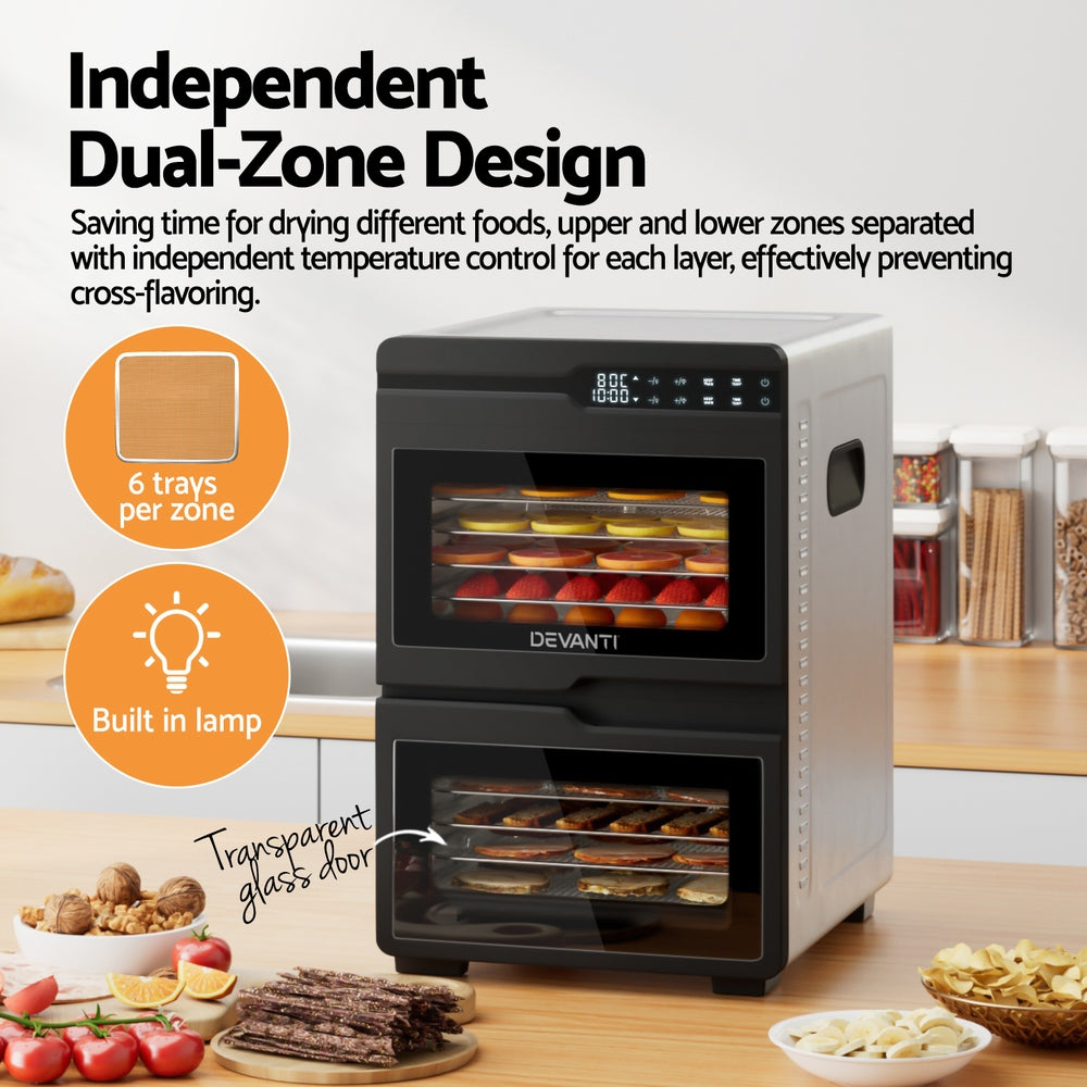 Devanti 12 Trays Food Dehydrator Dual-Zone Stainless Steel Fruit Jerky Dryer - Image 4