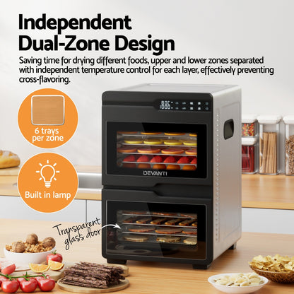 Devanti 12 Trays Food Dehydrator Dual-Zone Stainless Steel Fruit Jerky Dryer - Image 4
