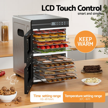 Devanti 12 Trays Food Dehydrator Dual-Zone Stainless Steel Fruit Jerky Dryer - Image 5