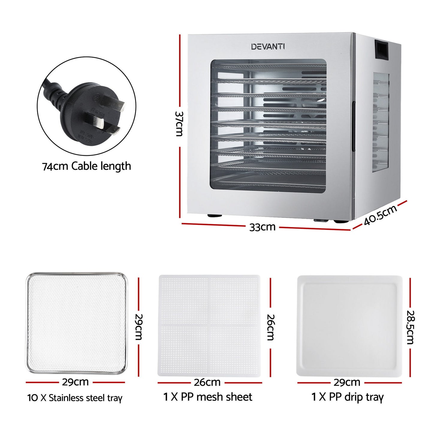 Devanti 10 Trays Food Dehydrator Stainless Steel Visible Glass Door 850W - Image 3