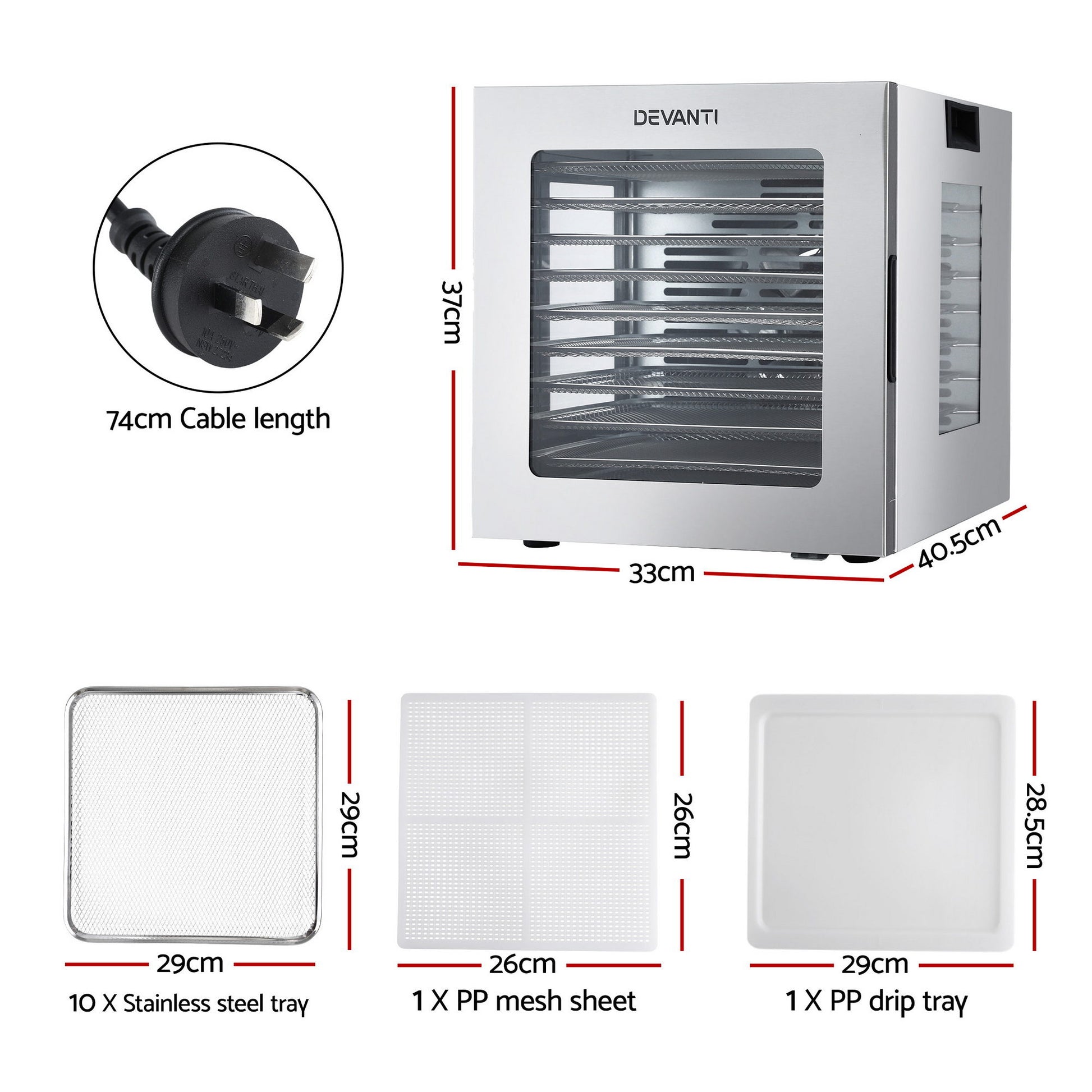 Devanti 10 Trays Food Dehydrator Stainless Steel Visible Glass Door 850W - Image 3