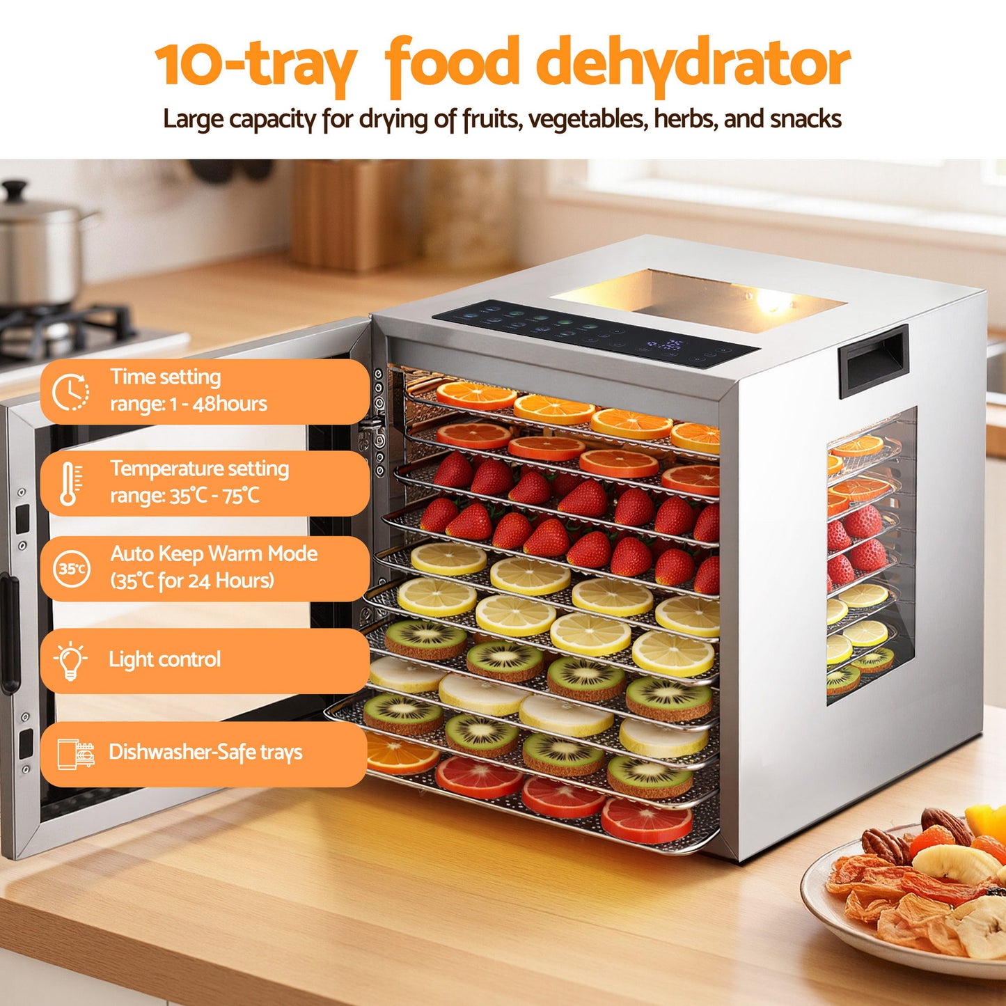 Devanti 10 Trays Food Dehydrator Stainless Steel Visible Glass Door 850W - Image 5