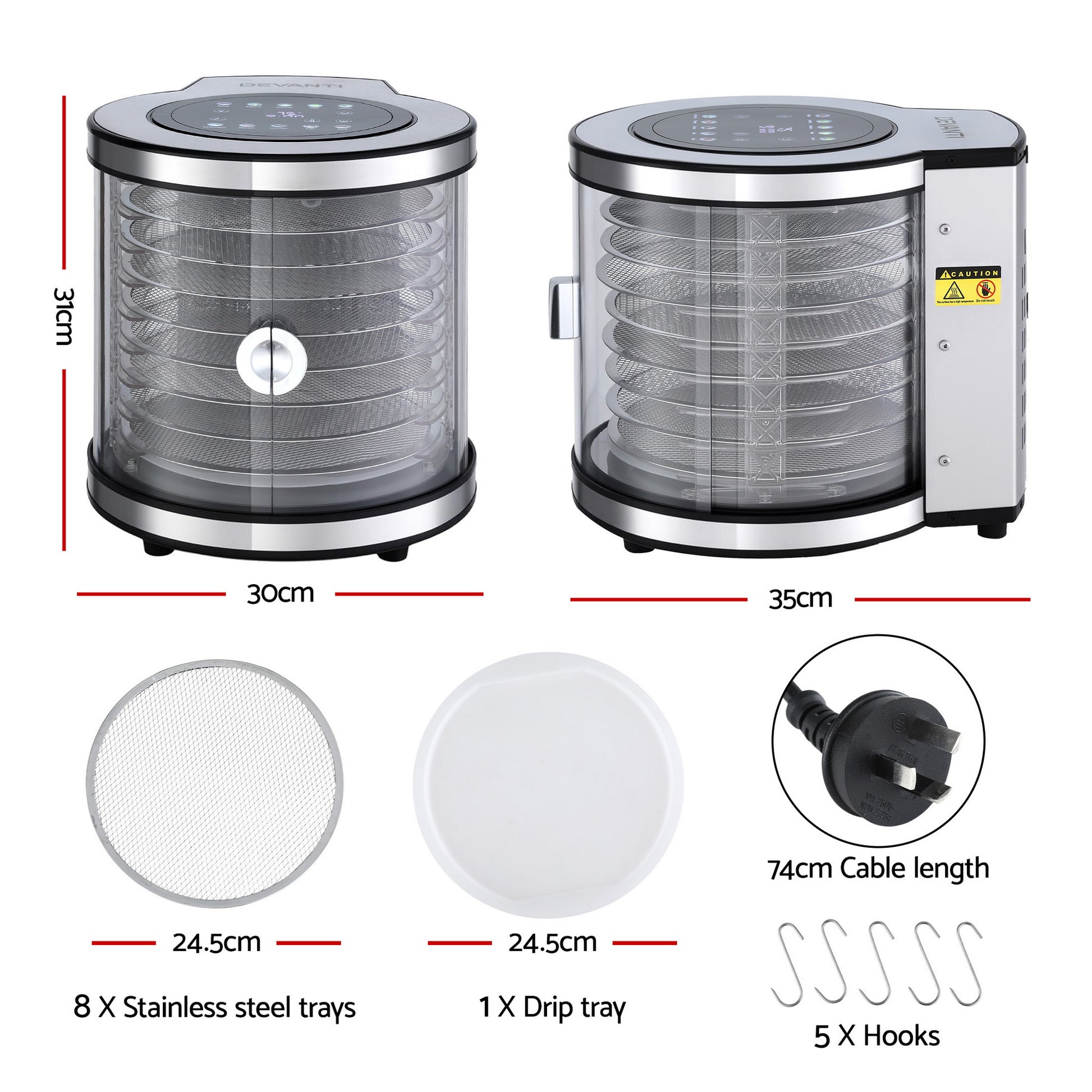 Devanti 8 Trays Food Dehydrator Stainless Steel Auto-Rotate 10 Programs 700W - Image 2