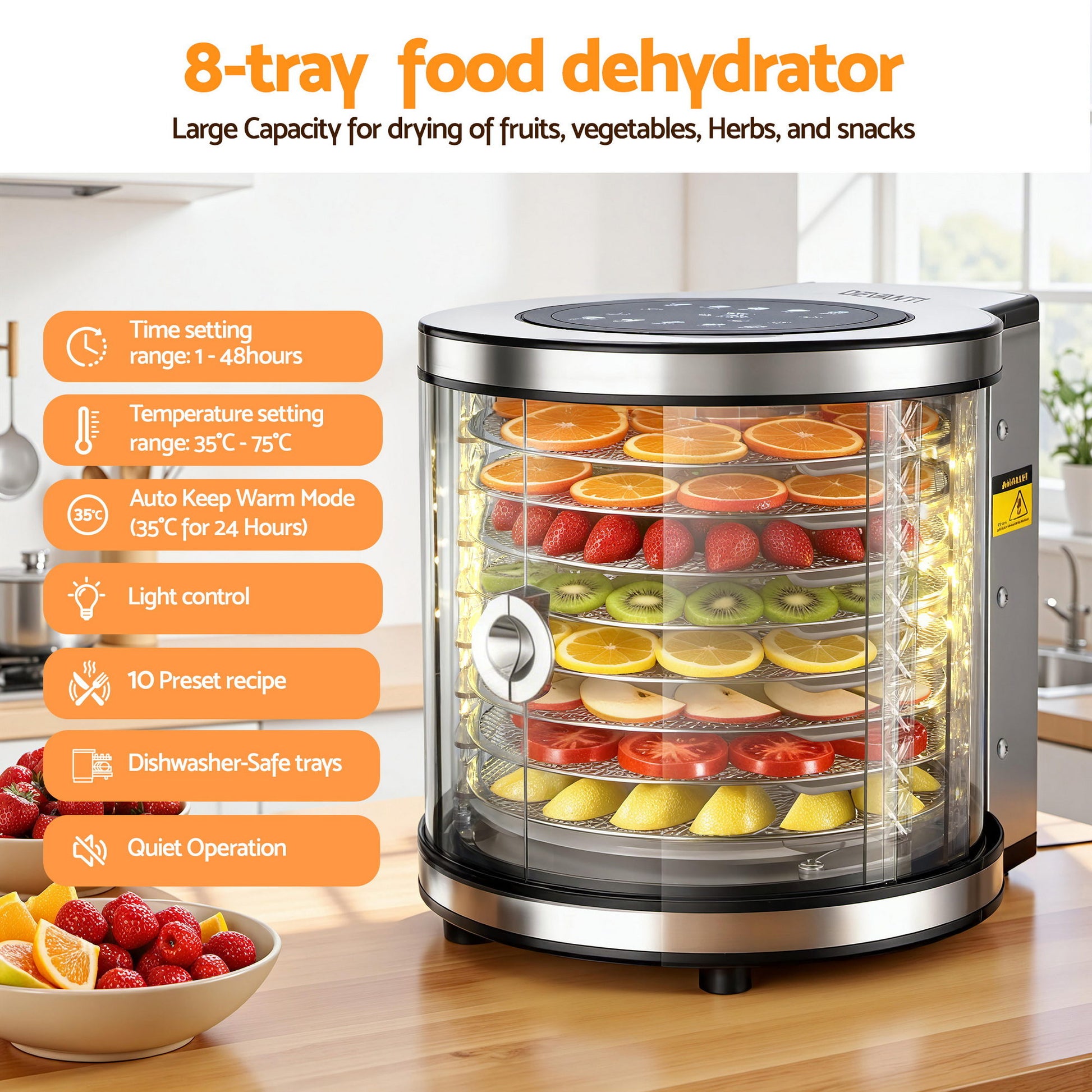 Devanti 8 Trays Food Dehydrator Stainless Steel Auto-Rotate 10 Programs 700W - Image 4