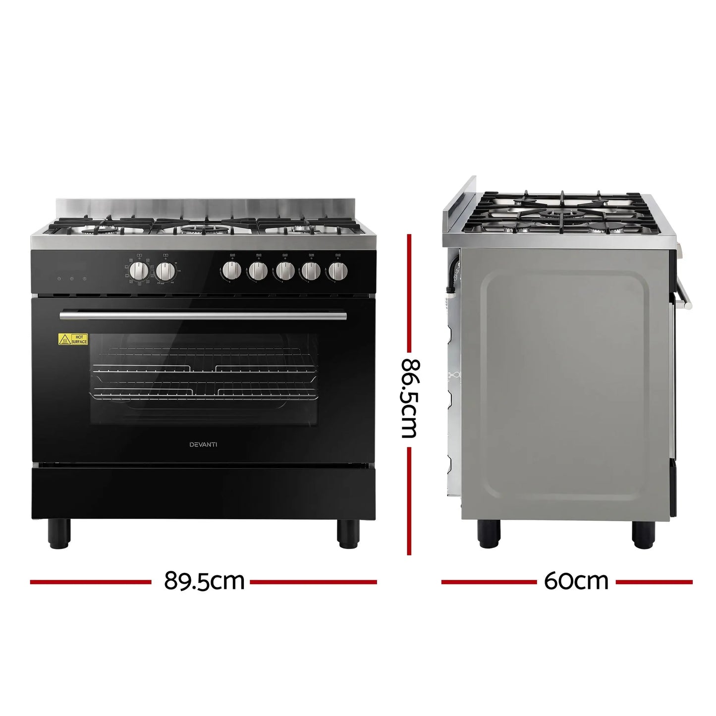 Devanti 90cm Dual Fuel Cooker Gas Cooktop Electric Oven 5 Burner - Image 2