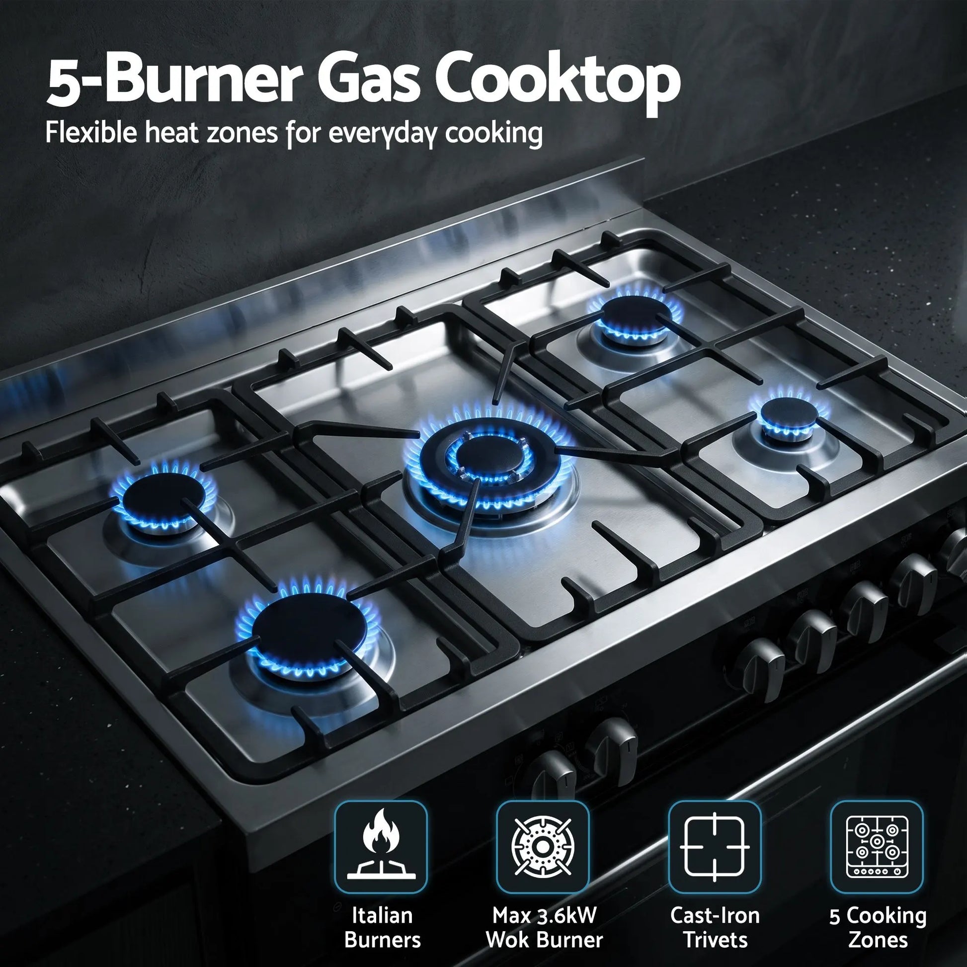 Devanti 90cm Dual Fuel Cooker Gas Cooktop Electric Oven 5 Burner - Image 4