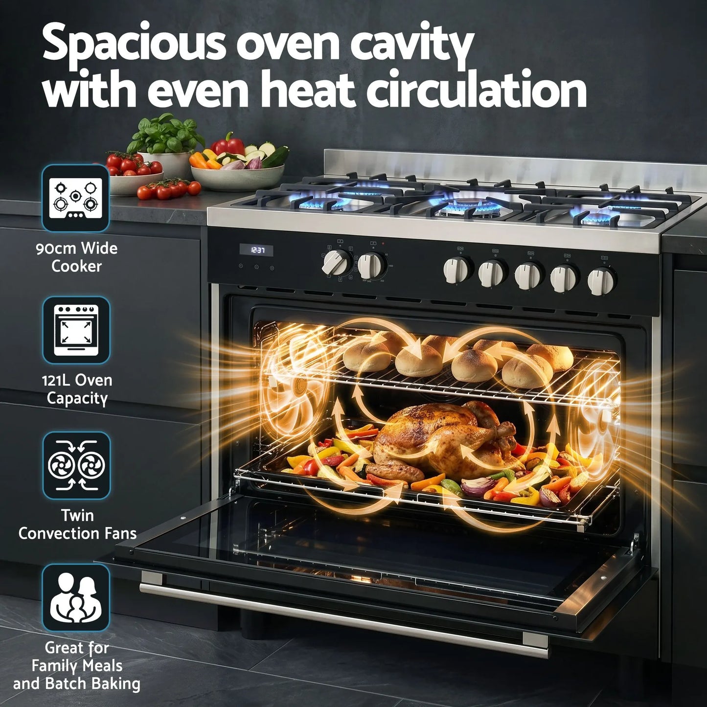 Devanti 90cm Dual Fuel Cooker Gas Cooktop Electric Oven 5 Burner - Image 5