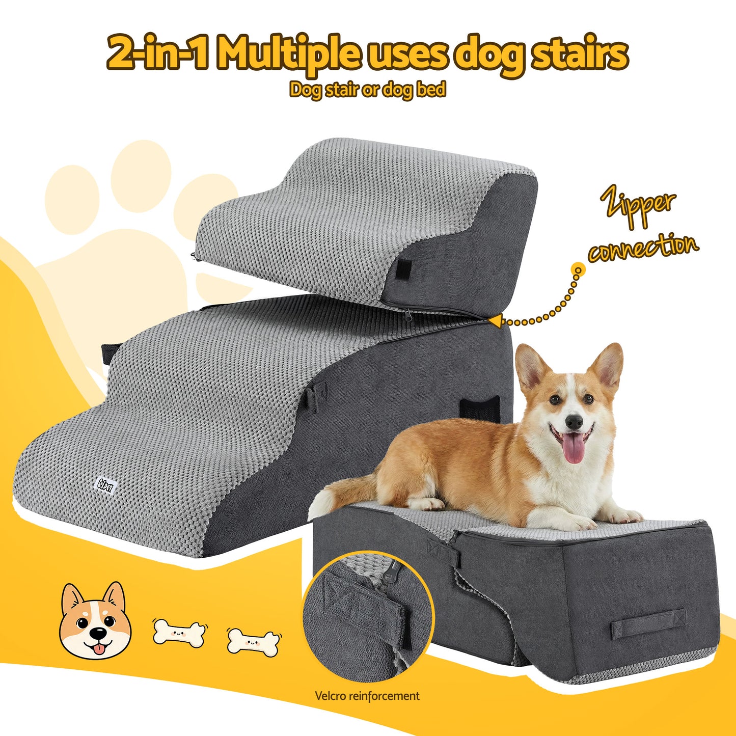 i.Pet Dog Stairs and Bed 2-in-1 Sofa Car Foam Non-Slip Washable Pet Stairs Indoor Grey - Image 4