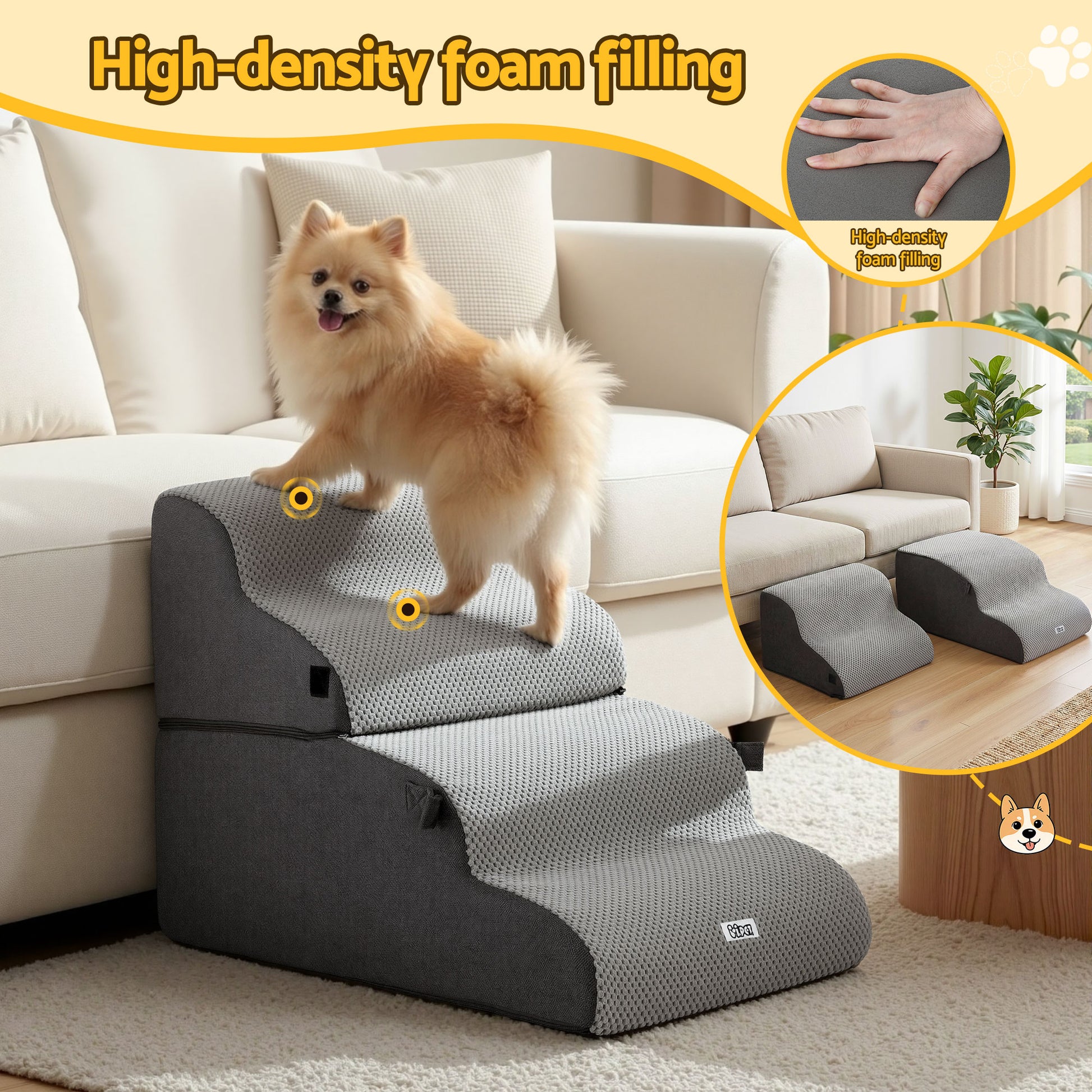 i.Pet Dog Stairs and Bed 2-in-1 Sofa Car Foam Non-Slip Washable Pet Stairs Indoor Grey - Image 5