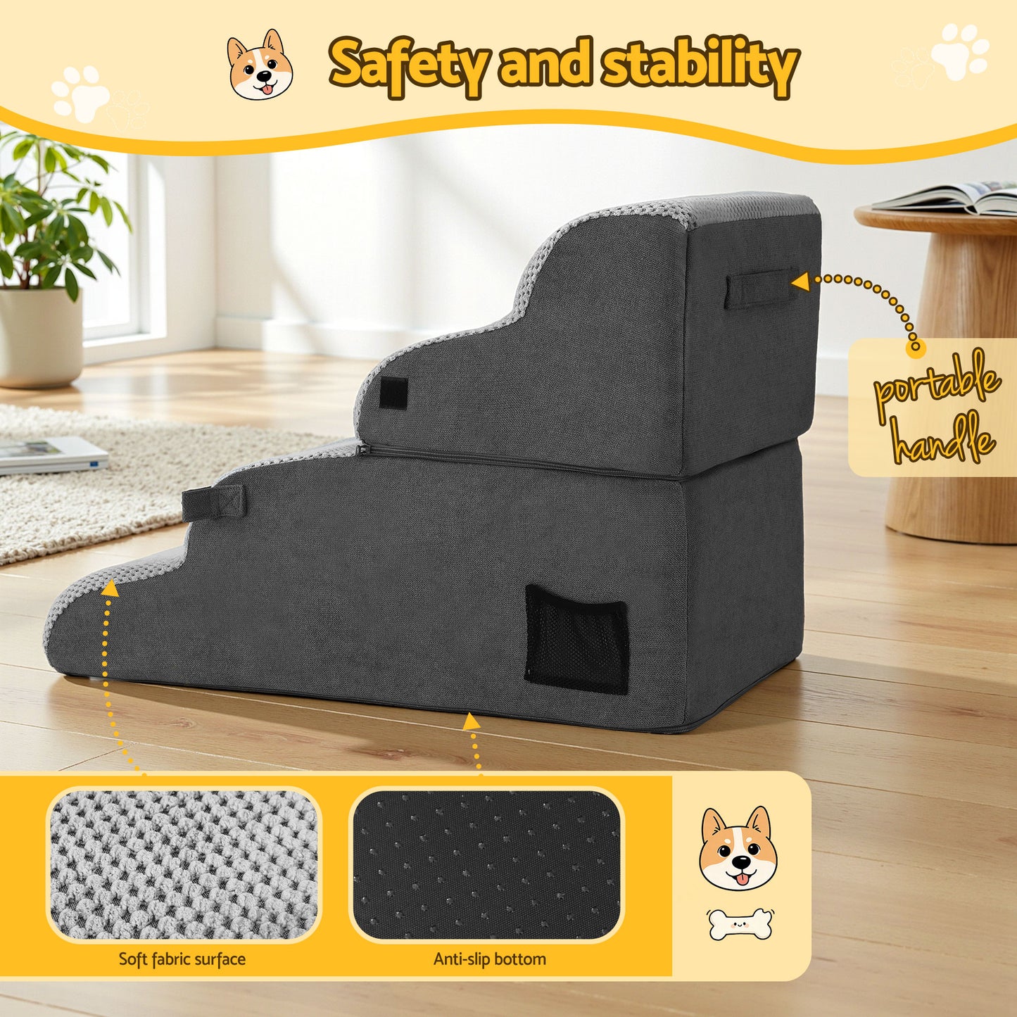 i.Pet Dog Stairs and Bed 2-in-1 Sofa Car Foam Non-Slip Washable Pet Stairs Indoor Grey - Image 6