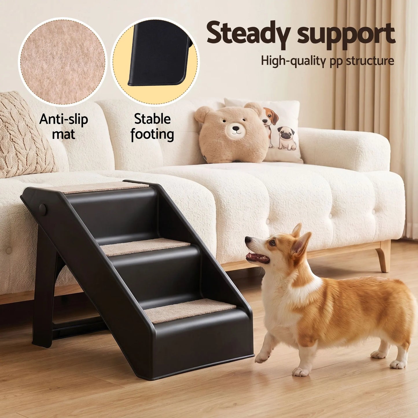 i.Pet Dog Ramp 3 Steps Pet Stairs For Bed Sofa Car Foldable Portable Ladder Black - Image 5
