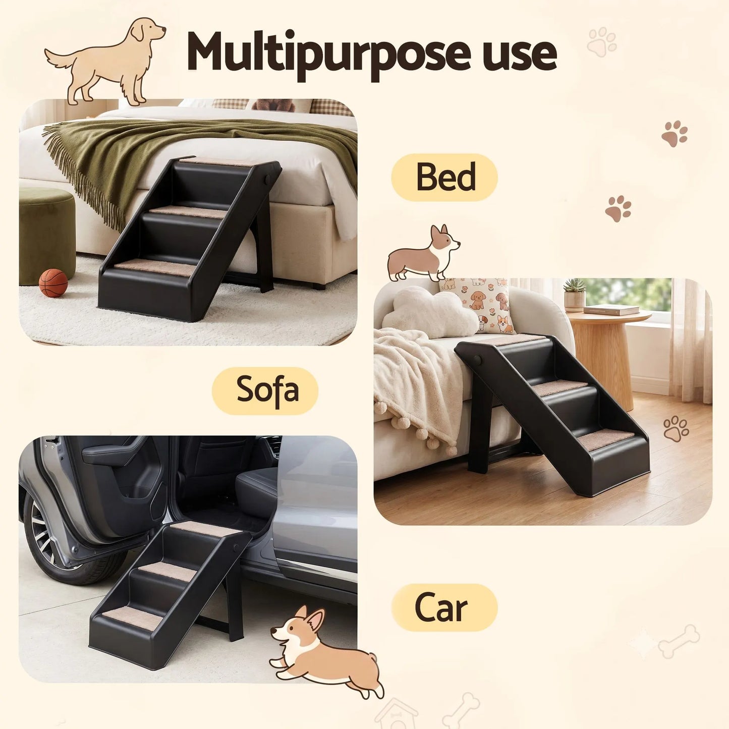 i.Pet Dog Ramp 3 Steps Pet Stairs For Bed Sofa Car Foldable Portable Ladder Black - Image 9
