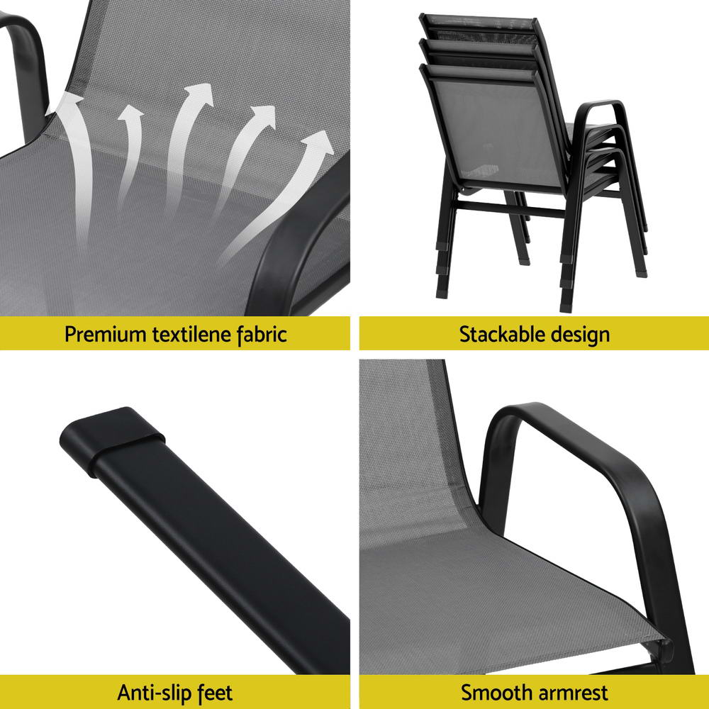 Gardeon 4PC Outdoor Dining Chairs Stackable Lounge Chair Patio Furniture Grey - Image 6