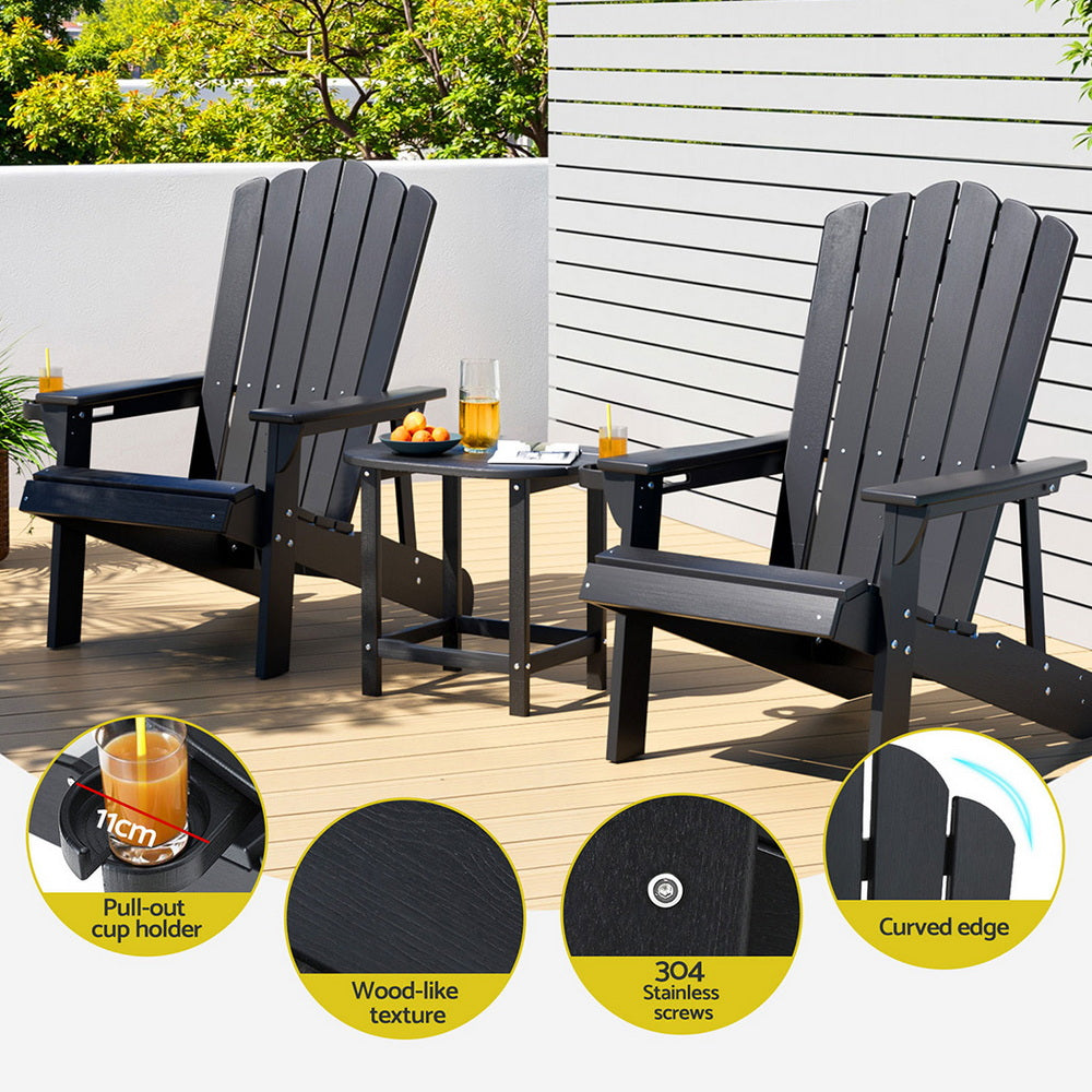 Gardeon Outdoor Table and Chairs HDPE Adirondack Beach Chair Sun Lounge Patio Furniture Garden Black - Image 5
