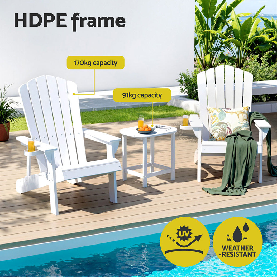 Gardeon Outdoor Table and Chairs HDPE Adirondack Beach Chair Sun Lounge Patio Furniture Garden White - Image 4