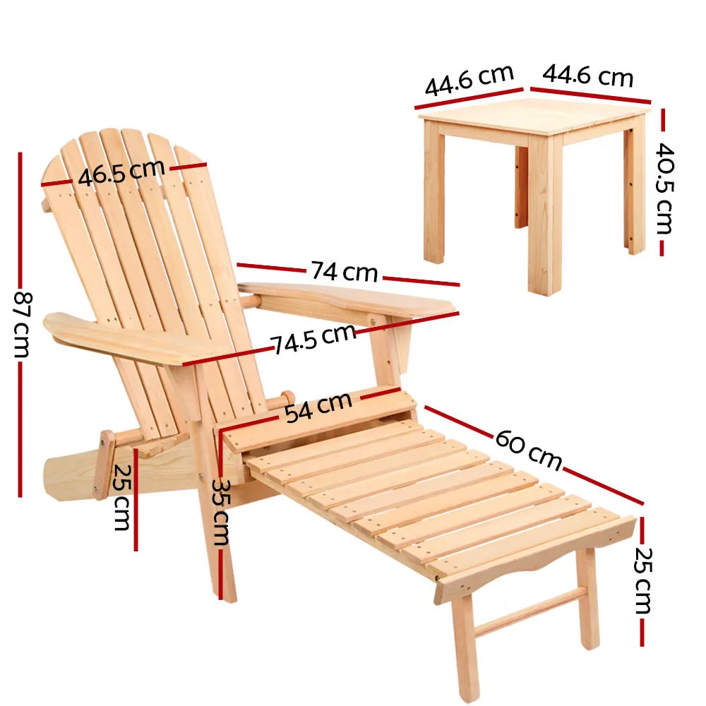 Gardeon 3PC Adirondack Outdoor Table and Chairs? Wooden Sun Lounge Beach Patio Natural - Image 2