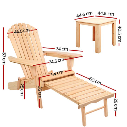 Gardeon 3PC Adirondack Outdoor Table and Chairs? Wooden Sun Lounge Beach Patio Natural - Image 2