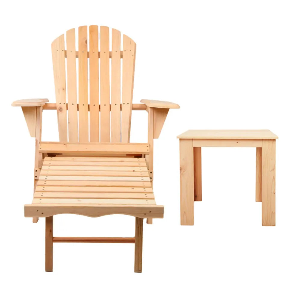 Gardeon 3PC Adirondack Outdoor Table and Chairs? Wooden Sun Lounge Beach Patio Natural - Image 3