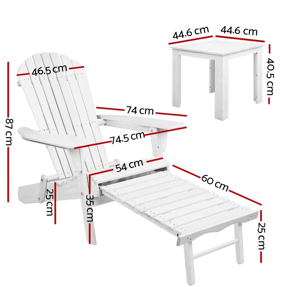 Gardeon 3PC Adirondack Outdoor Table and Chairs Wooden Sun Lounge Beach Patio White - Image 2