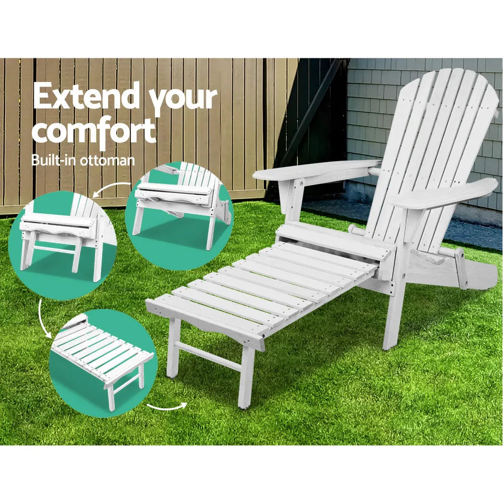 Gardeon 3PC Adirondack Outdoor Table and Chairs Wooden Sun Lounge Beach Patio White - Image 9