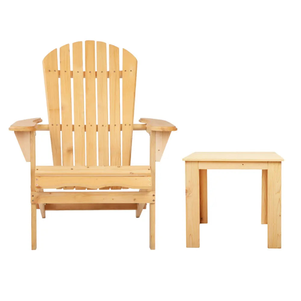 Gardeon 3PC Adirondack Outdoor Table and Chairs Wooden Foldable Beach Chair Natural - Image 3