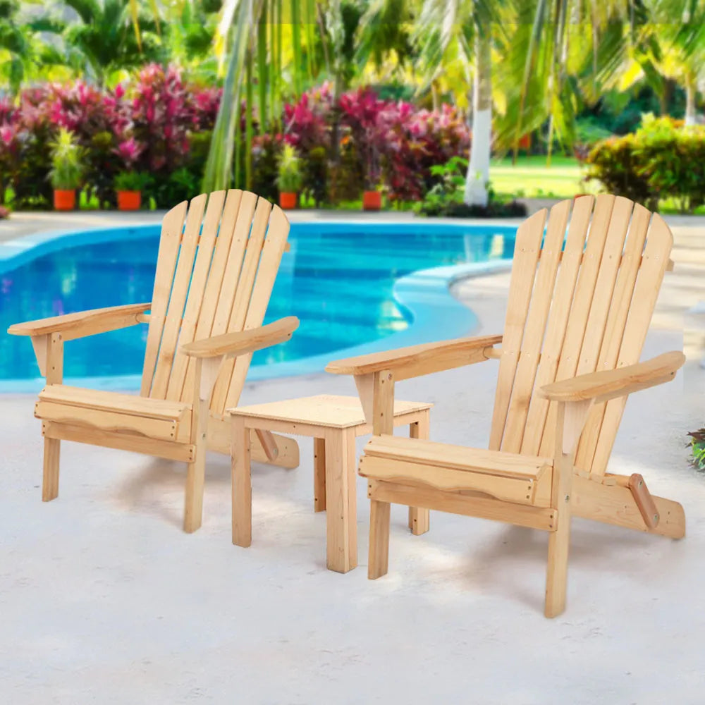 Gardeon 3PC Adirondack Outdoor Table and Chairs Wooden Foldable Beach Chair Natural - Image 8