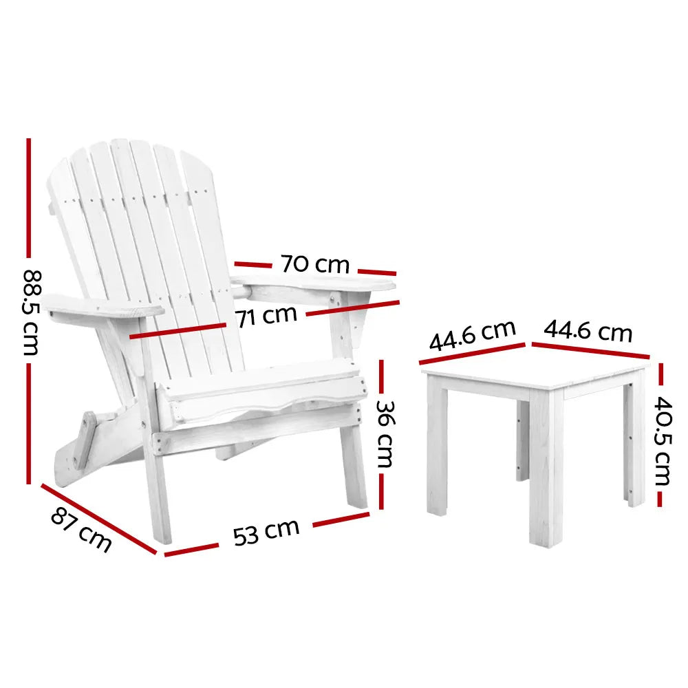 Gardeon 3PC Adirondack Outdoor Table and Chairs Wooden Foldable Beach Chair White - Image 2