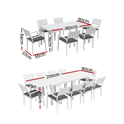 Gardeon Outdoor Dining Set 11PCS Aluminum Extendable Table and Chairs Patio Furniture White - Image 2