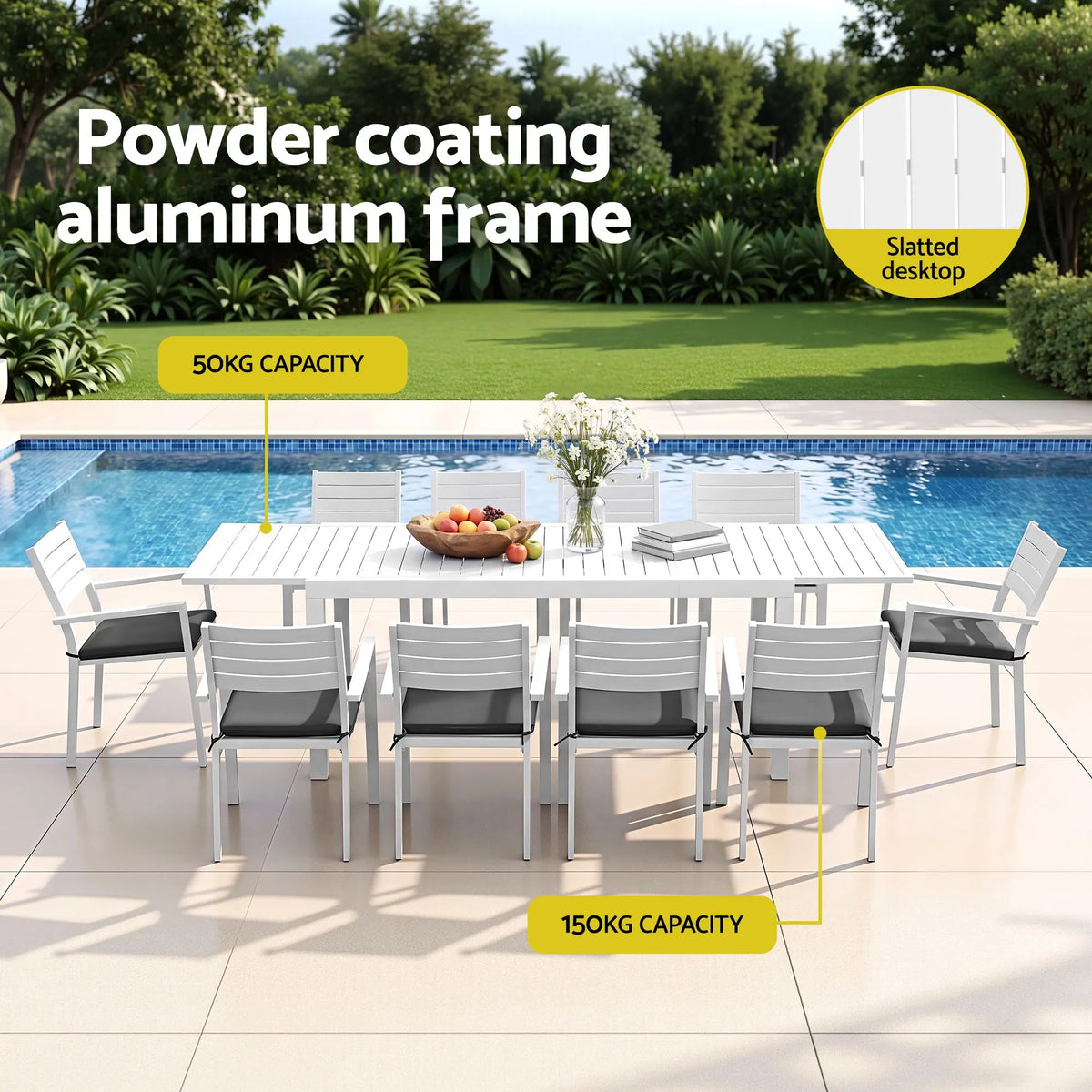 Gardeon Outdoor Dining Set 11PCS Aluminum Extendable Table and Chairs Patio Furniture White - Image 4