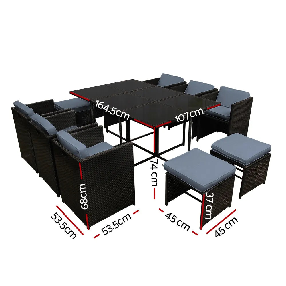 Gardeon Outdoor Dining Set 11 Piece Wicker Table Chairs Setting Black - Image 2