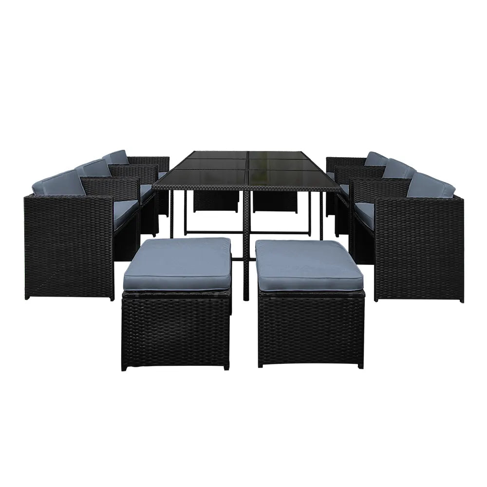 Gardeon Outdoor Dining Set 11 Piece Wicker Table Chairs Setting Black - Image 3